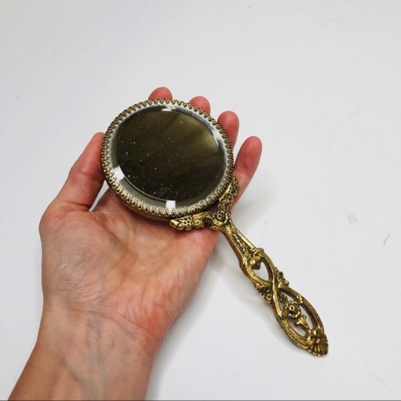 Victorian Brass Hand Mirror 7x3" Filigree Vintage - Picture 1 of 5